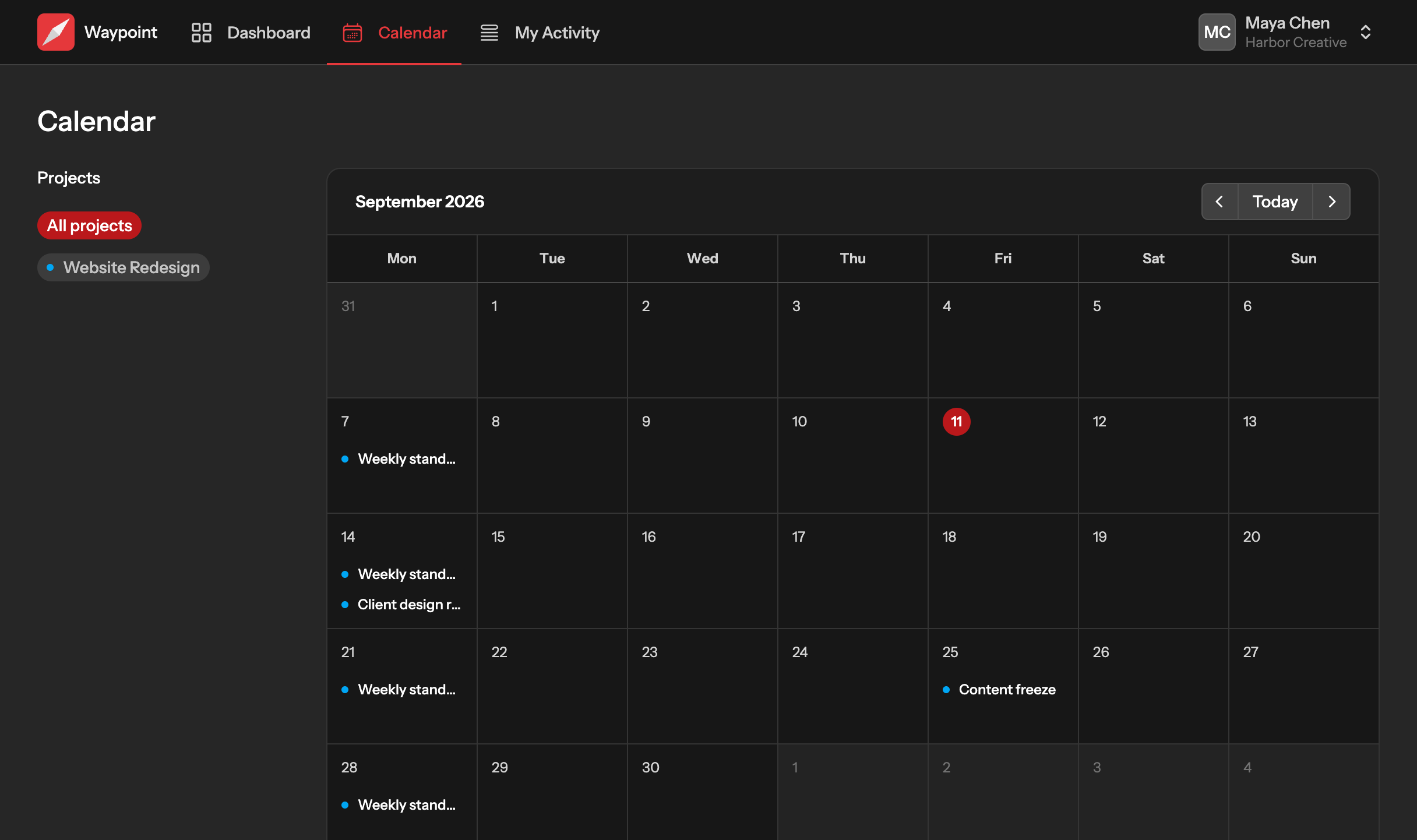 The team calendar showing events from every project