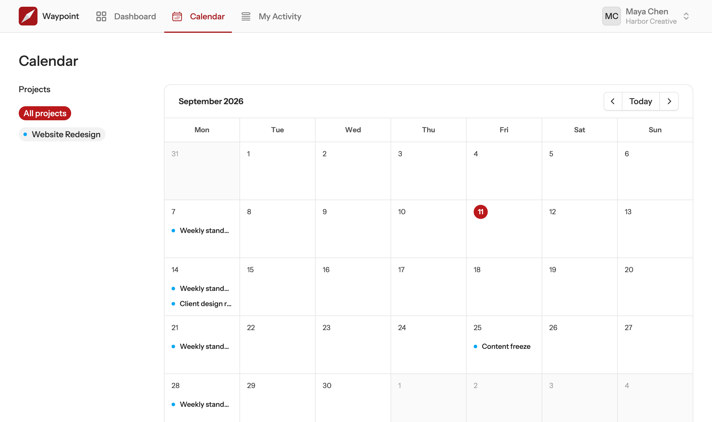 The team calendar showing events from every project