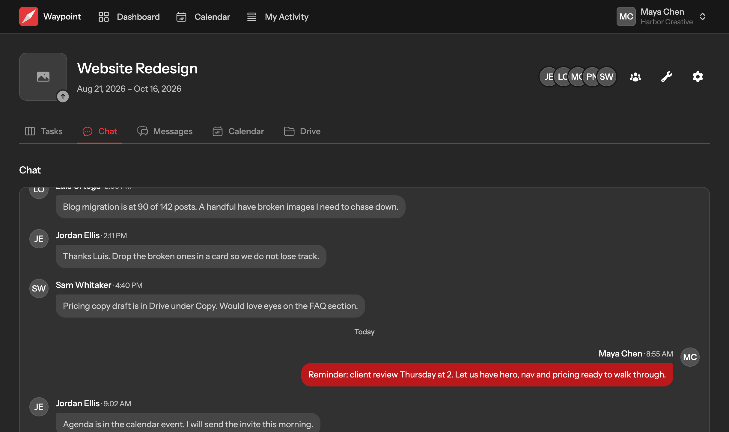 The chat tool inside a Waypoint project