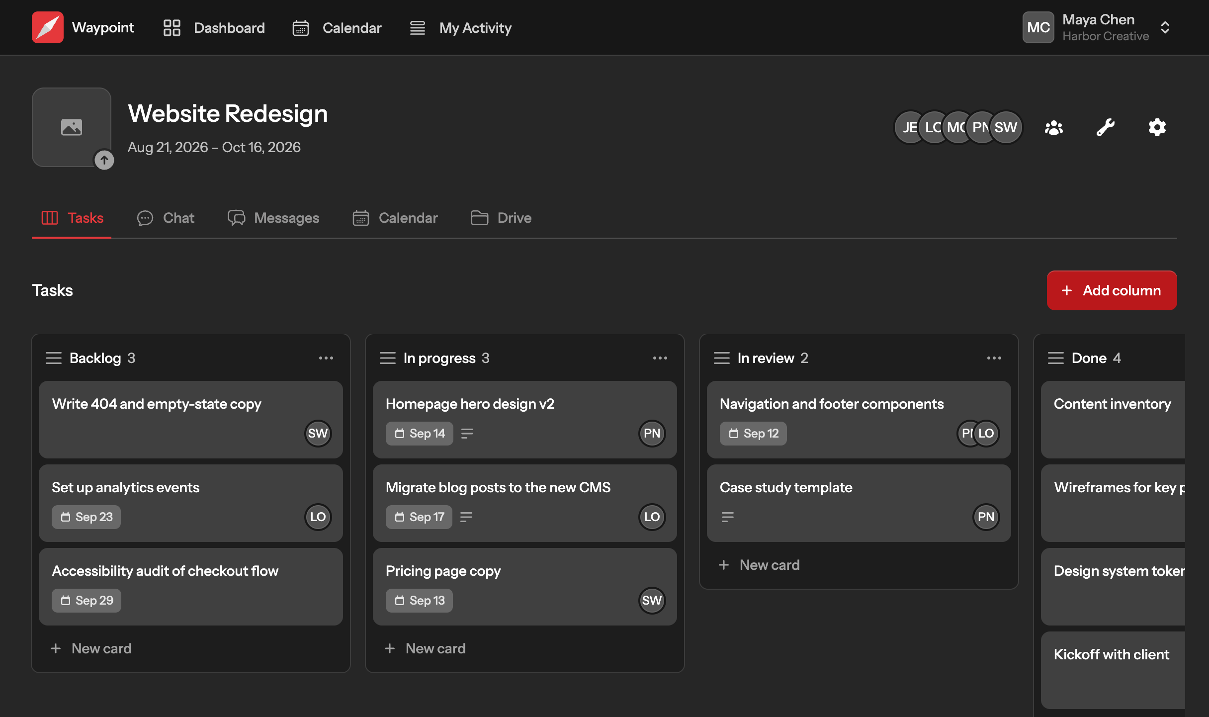 A Waypoint project showing a task board alongside chat, messages, calendar and drive tools