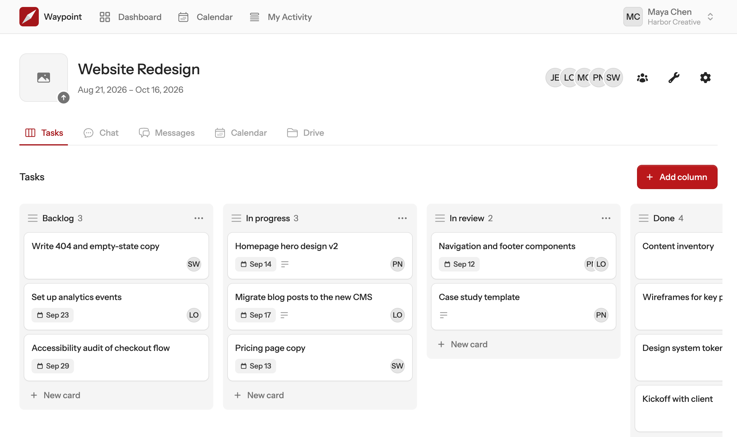A Waypoint project showing a task board alongside chat, messages, calendar and drive tools
