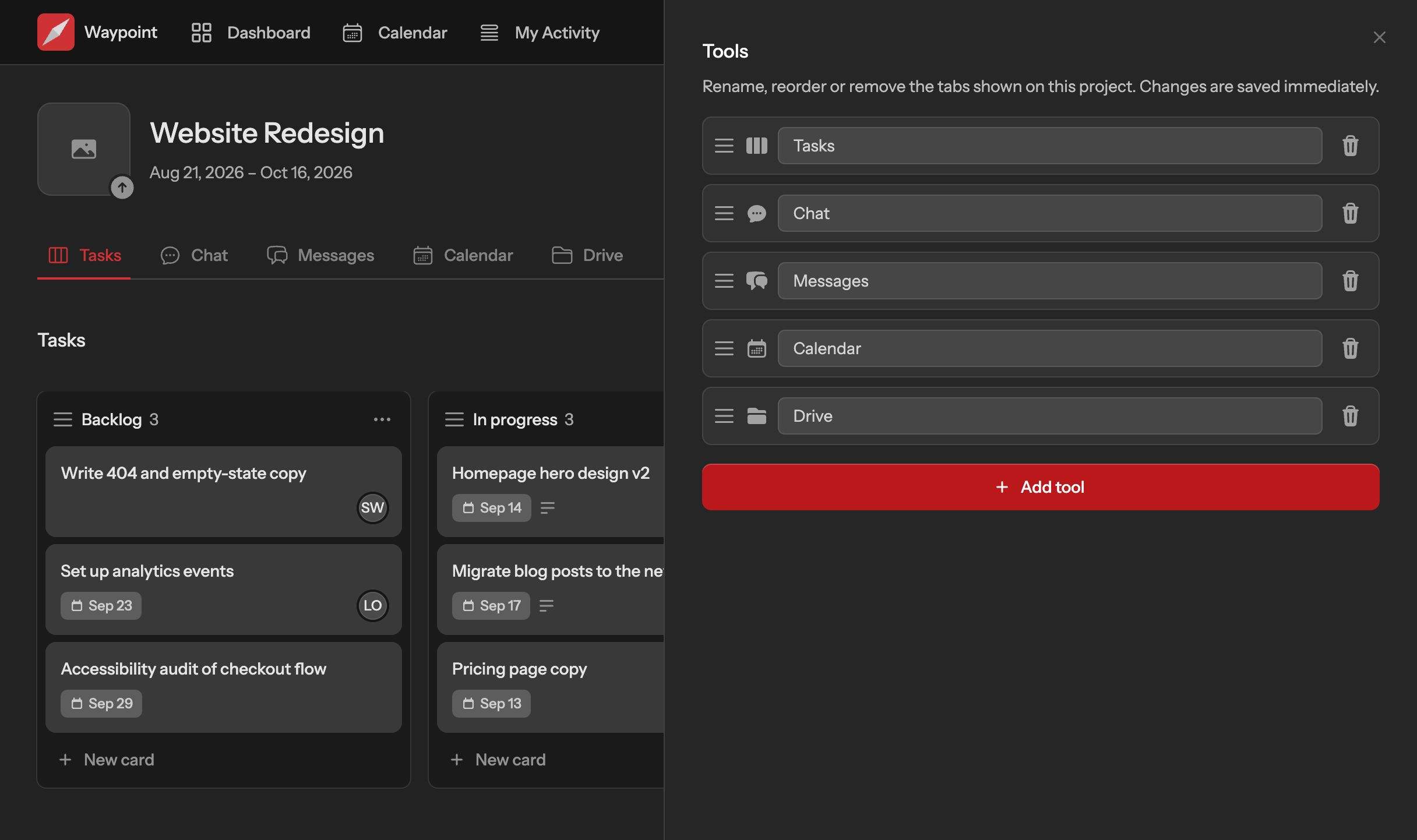 The tools panel of a Waypoint project, listing its task board, chat, message board, calendar and drive