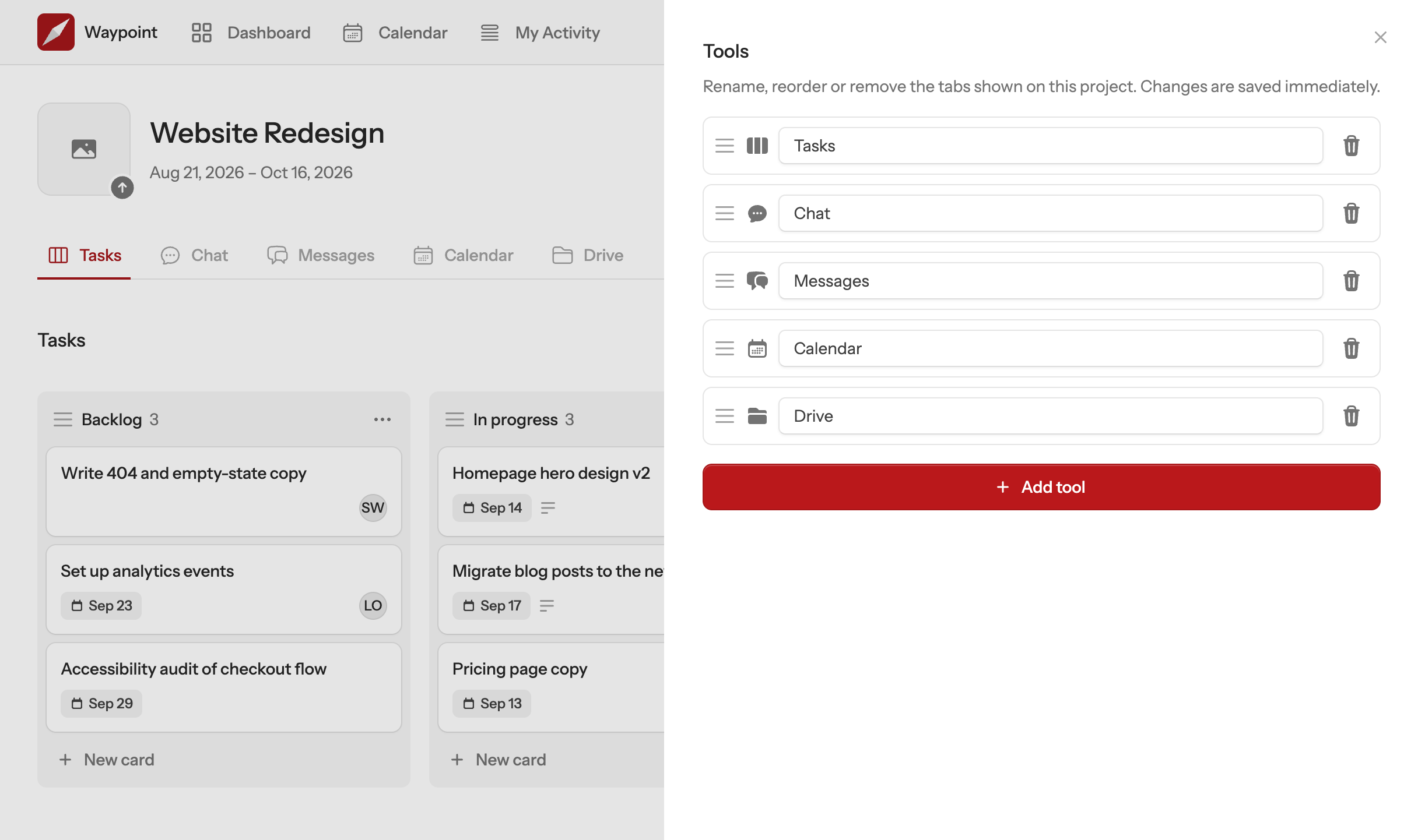 The tools panel of a Waypoint project, listing its task board, chat, message board, calendar and drive