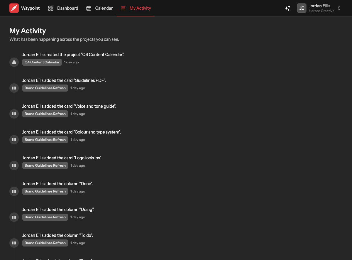 The Activity page: a timeline of entries with icons, who did what, the project badge and how long ago