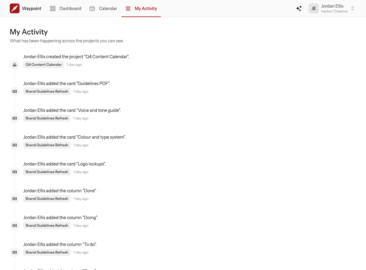 The Activity page: a timeline of entries with icons, who did what, the project badge and how long ago