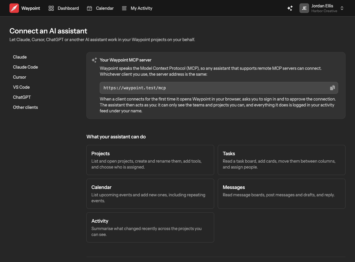 The Connect an AI assistant page, with the server address in a copyable box and a side list of clients: Claude, Claude Code, Cursor, VS Code, ChatGPT and Other clients