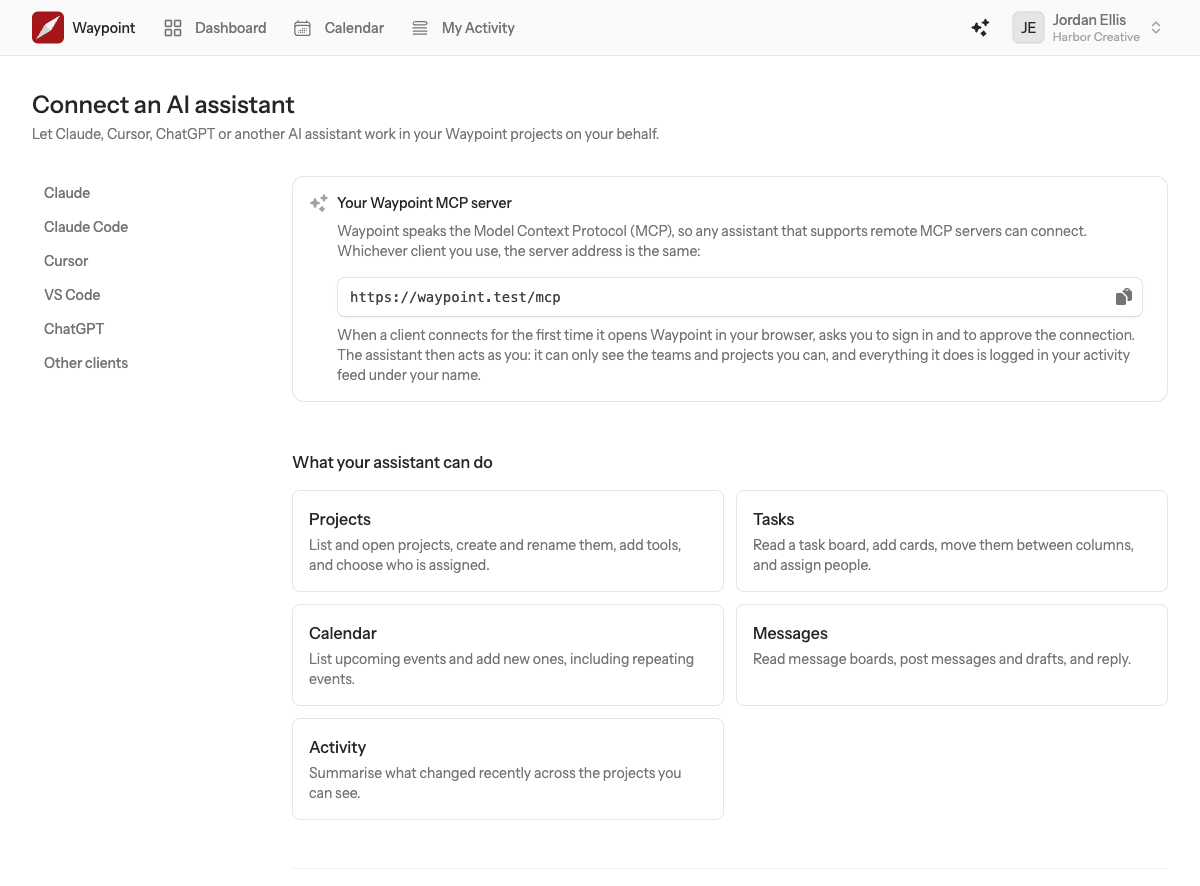 The Connect an AI assistant page, with the server address in a copyable box and a side list of clients: Claude, Claude Code, Cursor, VS Code, ChatGPT and Other clients