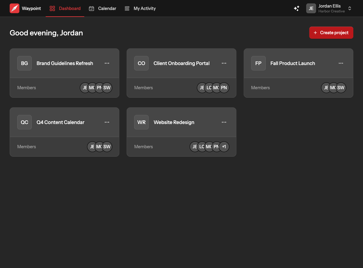 The dashboard with the Create project button in the top right and a grid of project cards