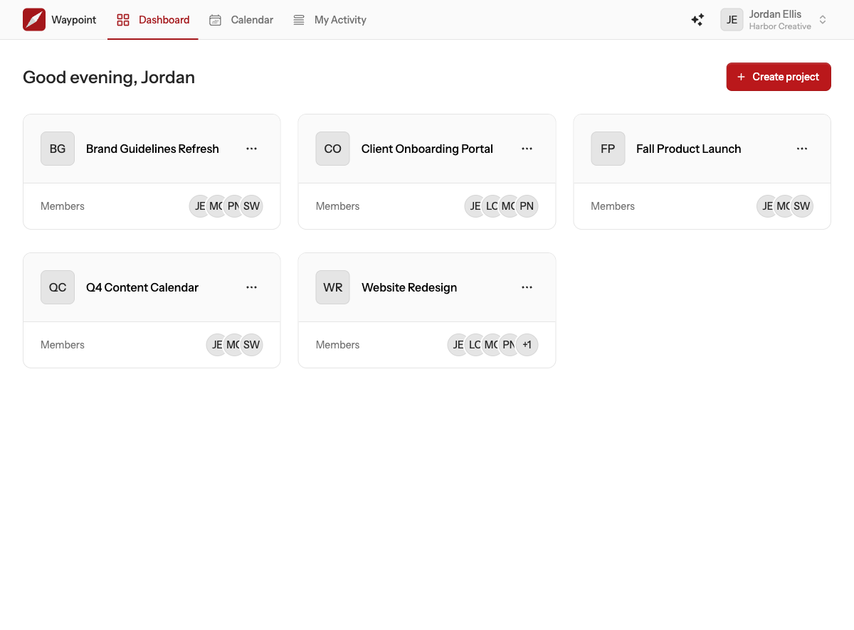 The dashboard with the Create project button in the top right and a grid of project cards