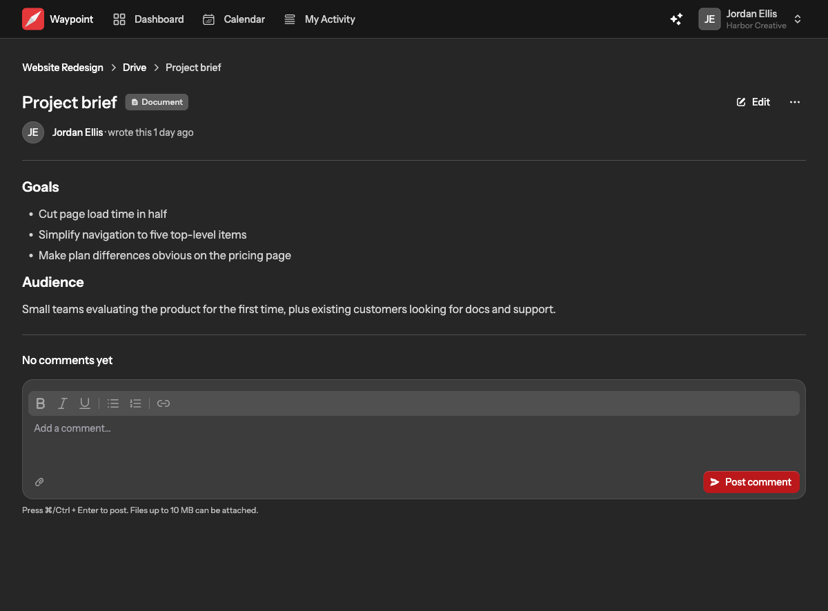 A document page with its formatted body, an Edit button and the comment thread below