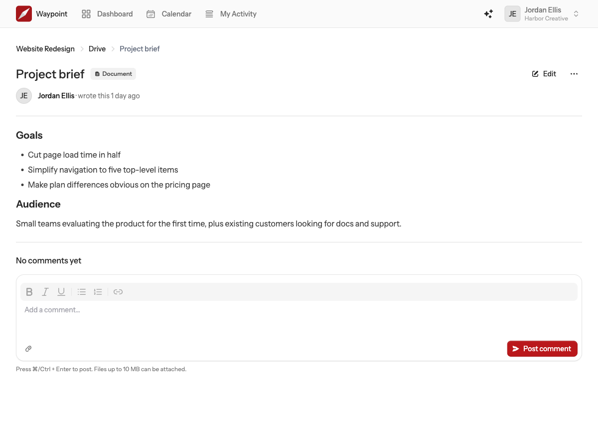 A document page with its formatted body, an Edit button and the comment thread below