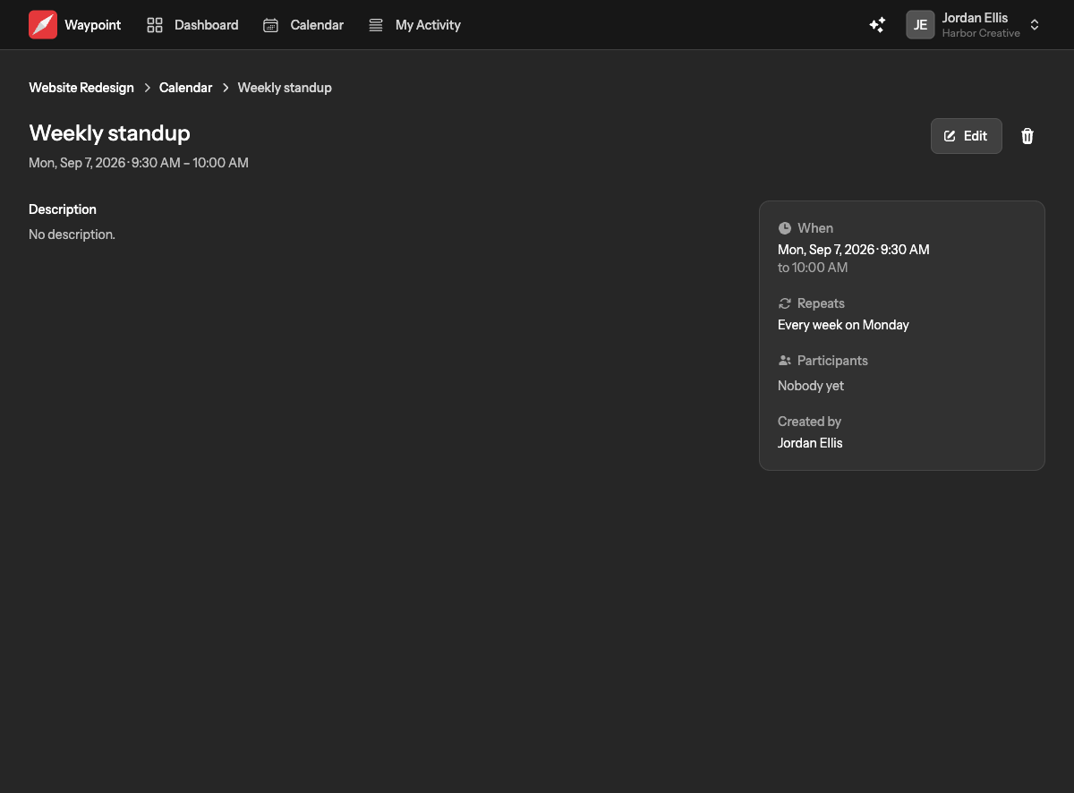 An event page with its date and time, participants, description and the Edit and Delete buttons