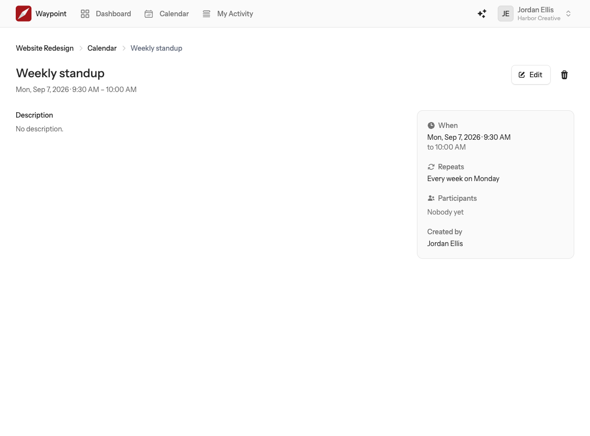 An event page with its date and time, participants, description and the Edit and Delete buttons