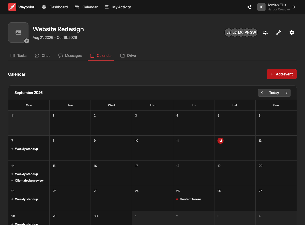 The Calendar tab of a project showing a month grid with events on their days and a panel listing the selected day