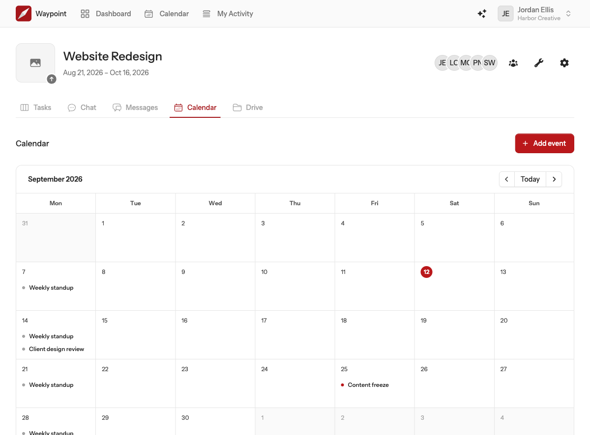 The Calendar tab of a project showing a month grid with events on their days and a panel listing the selected day