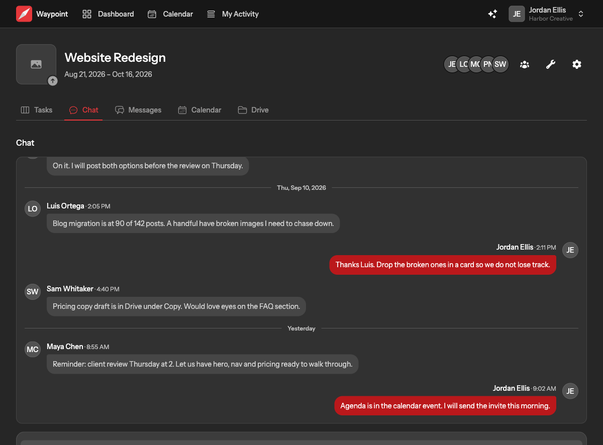 The Chat tab of a project: a log of messages grouped by day, with the composer at the bottom