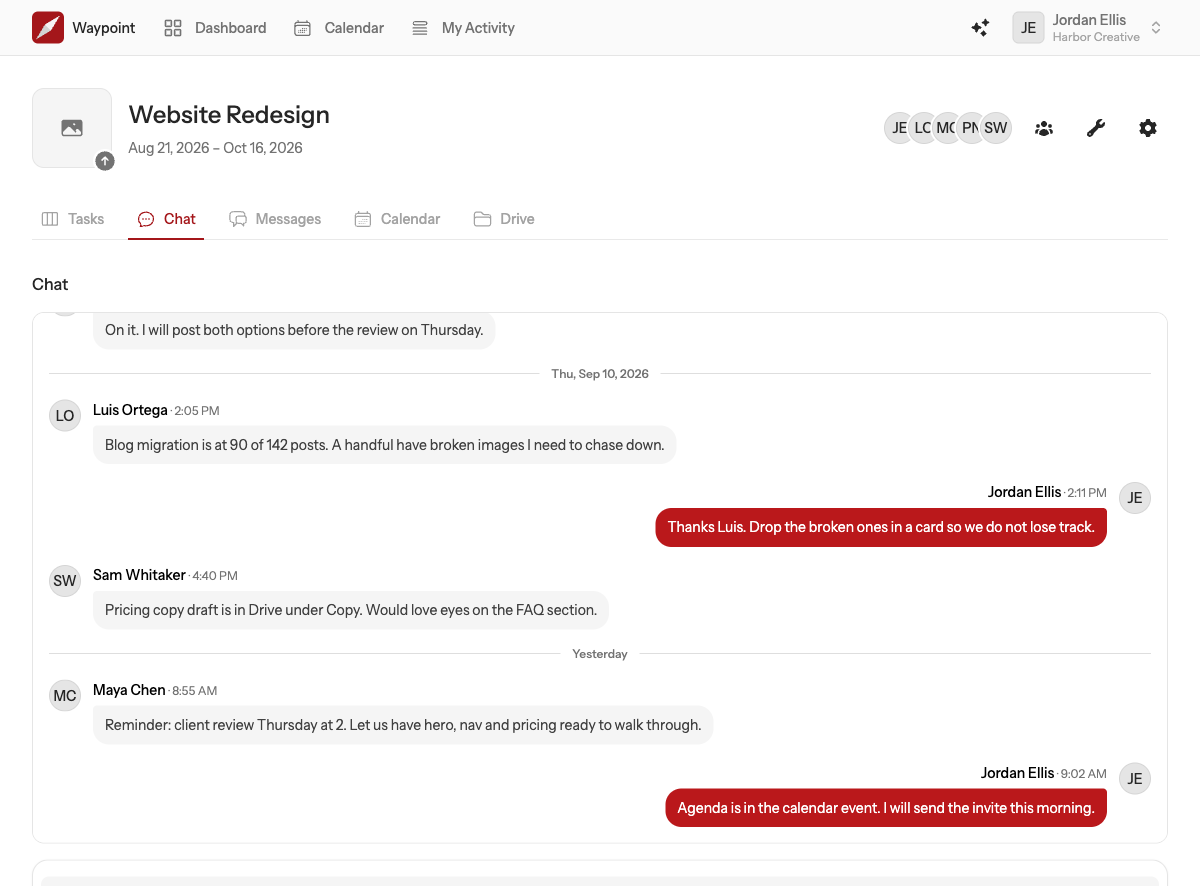 The Chat tab of a project: a log of messages grouped by day, with the composer at the bottom