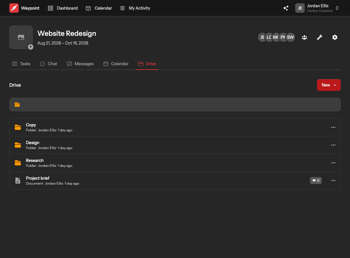 The Drive tab of a project showing folders and items with the New menu open