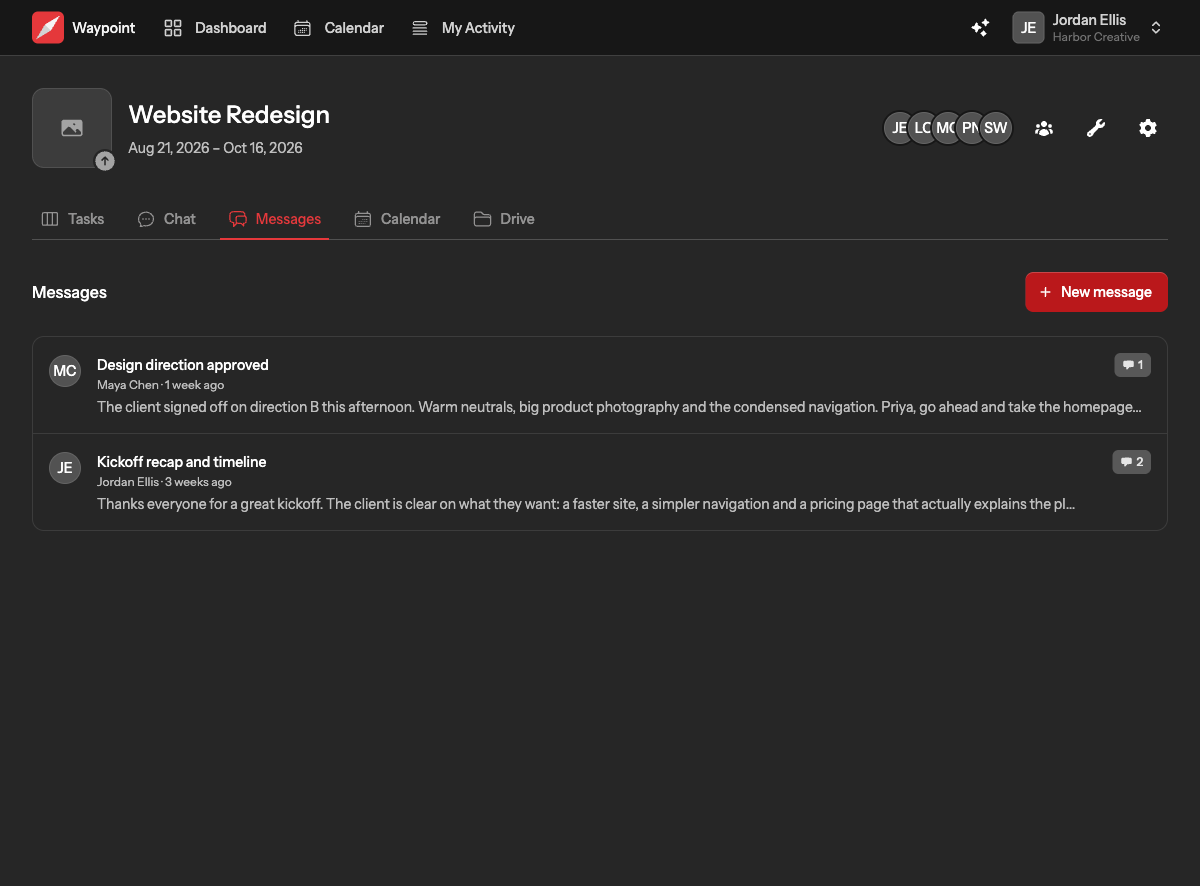 The Messages tab of a project listing posts with their authors, excerpts and reply counts