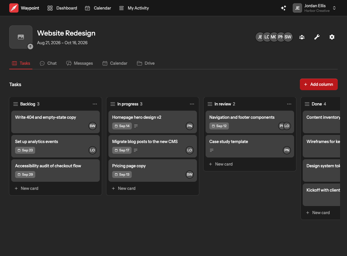 A task board with Todo, Doing and Done columns, cards showing assignees and due dates
