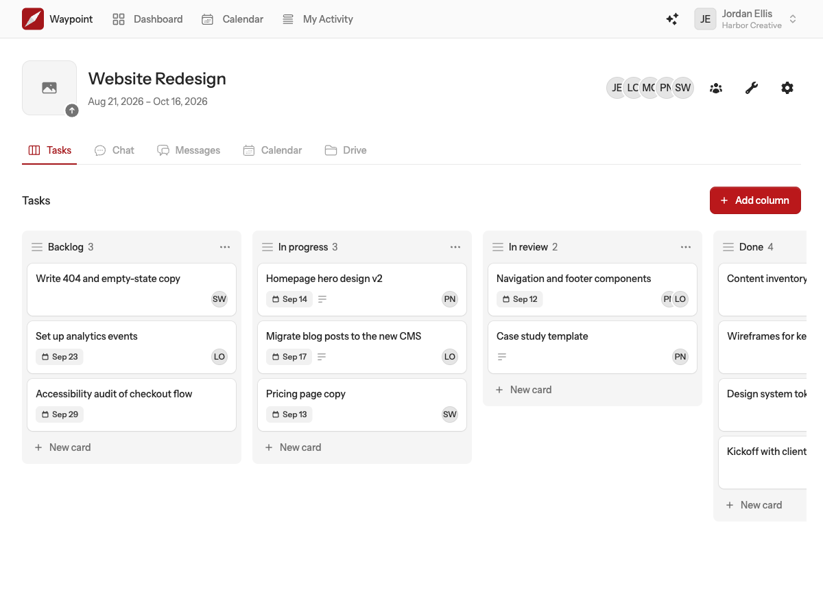 A task board with Todo, Doing and Done columns, cards showing assignees and due dates