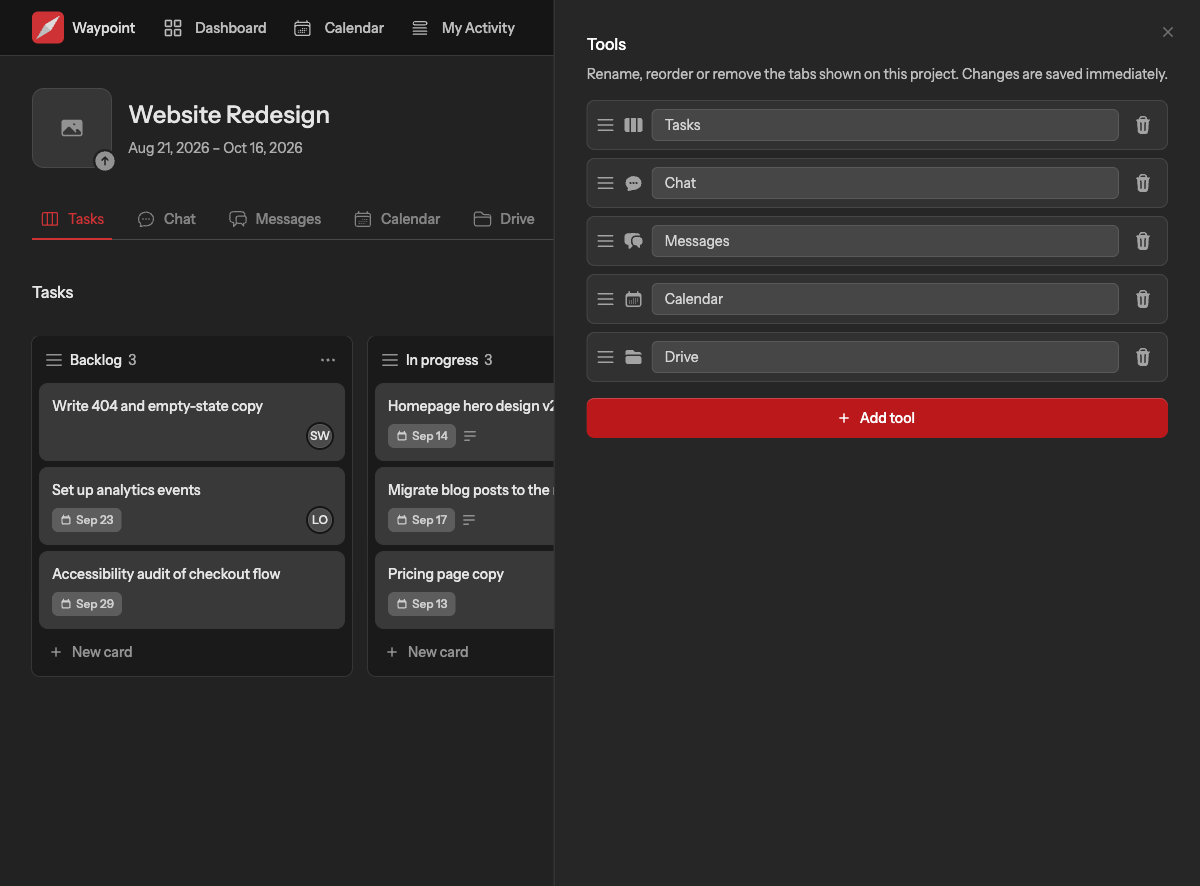 The Manage tools panel listing the project's tabs with drag handles, editable names and remove buttons, and an Add tool button