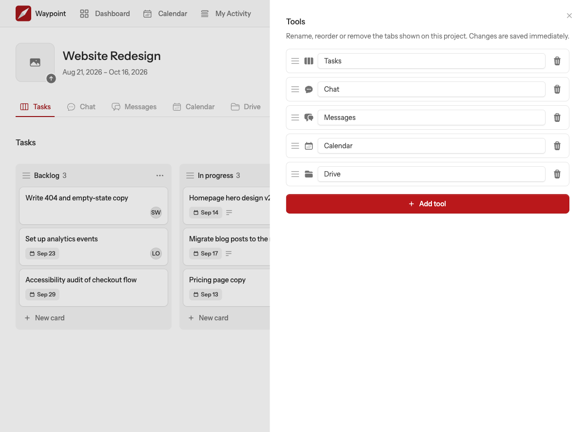 The Manage tools panel listing the project's tabs with drag handles, editable names and remove buttons, and an Add tool button