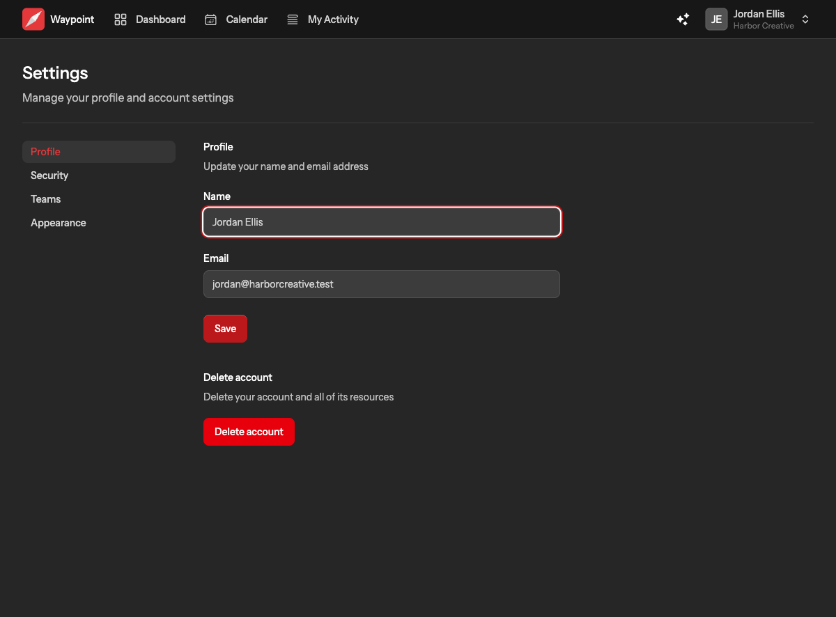 The Profile settings page with name and email fields, a Save button and the Delete account section below