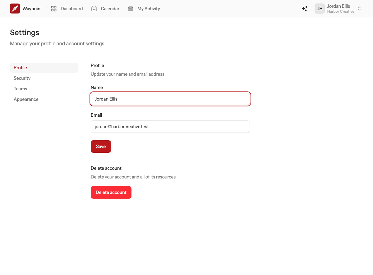 The Profile settings page with name and email fields, a Save button and the Delete account section below