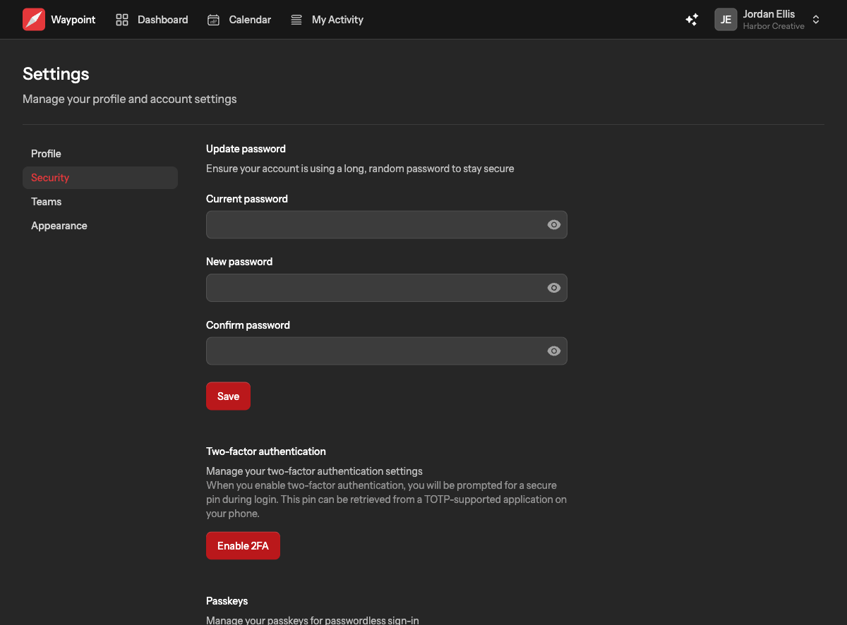 The Security settings page with the change password form, the two-factor authentication section and the passkeys section