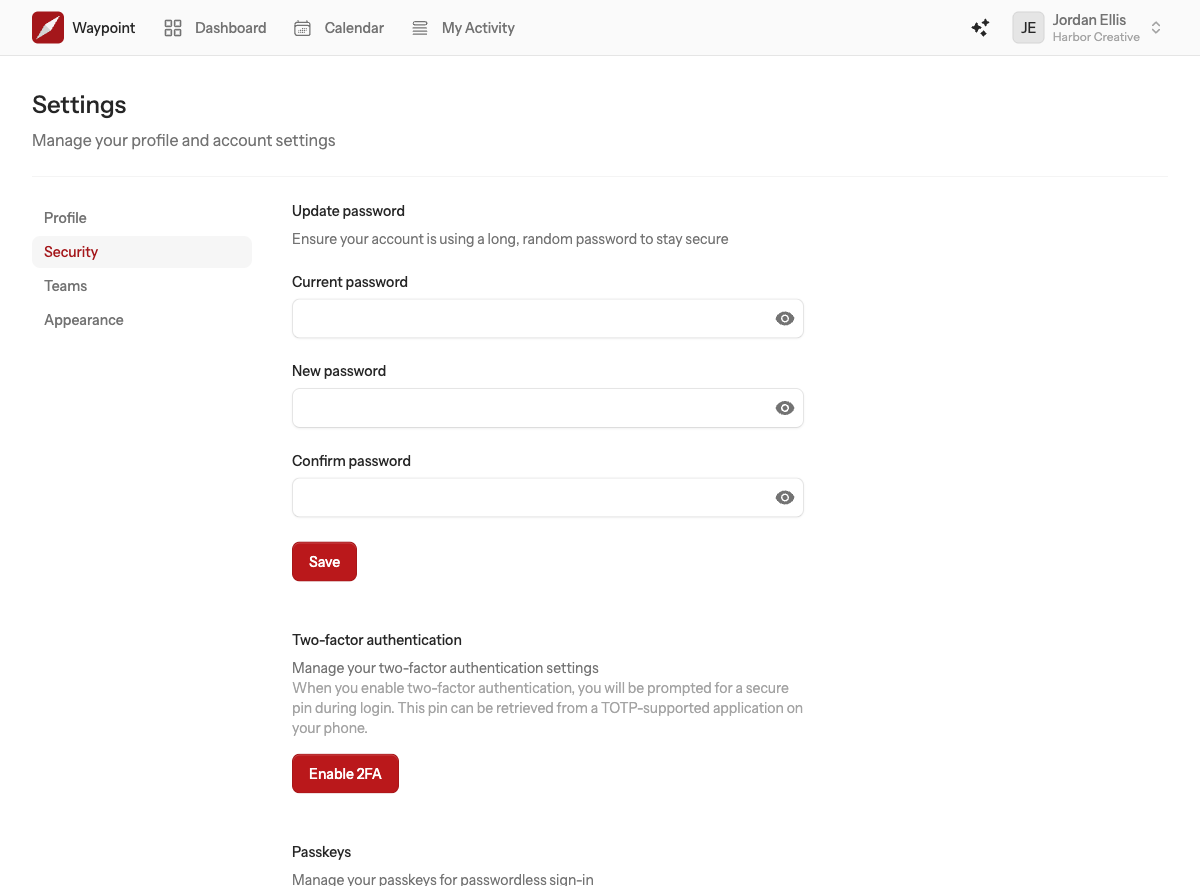 The Security settings page with the change password form, the two-factor authentication section and the passkeys section