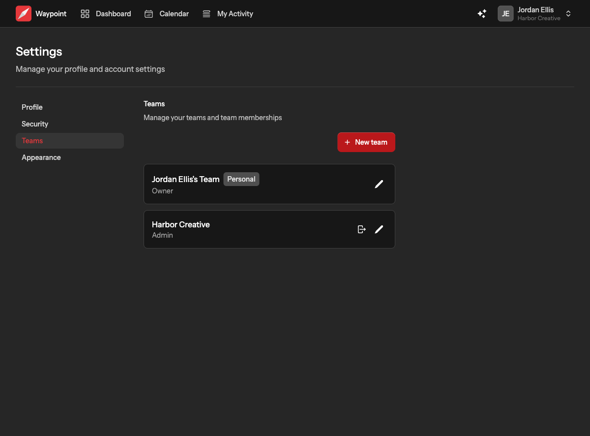 The Teams settings page listing the teams you belong to with your role, a New team button and leave buttons