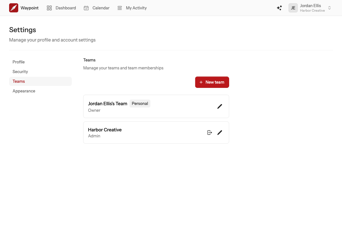 The Teams settings page listing the teams you belong to with your role, a New team button and leave buttons