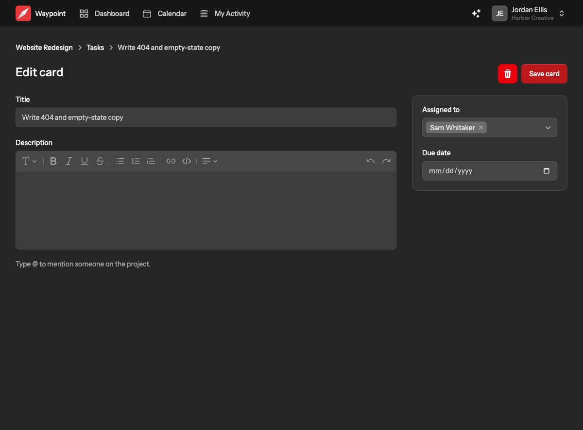 A card page with its title, description editor, due date, assignee picker and a delete button