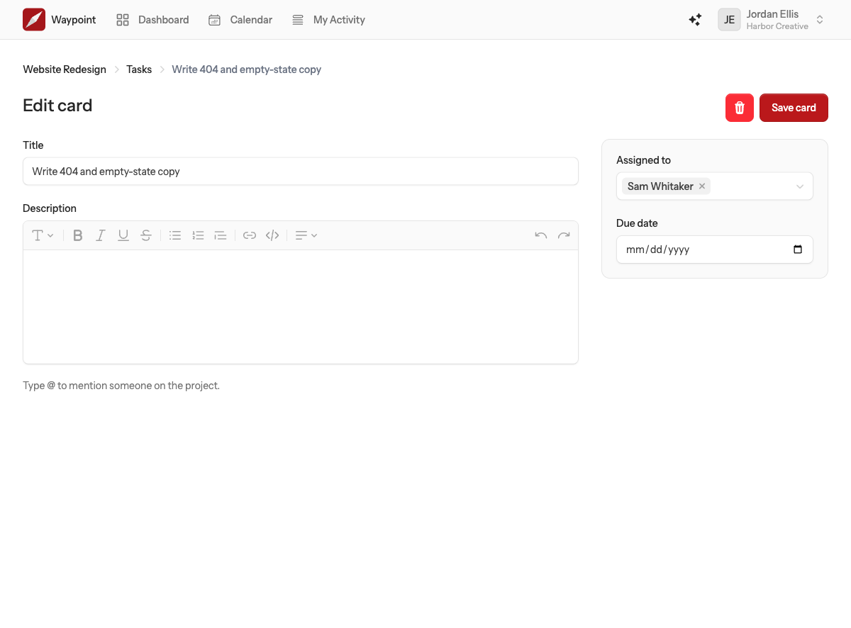 A card page with its title, description editor, due date, assignee picker and a delete button