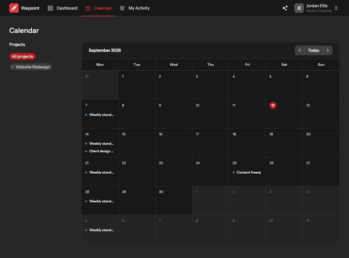 The team calendar: a month grid with events from several projects in different colours, a project filter and a day panel