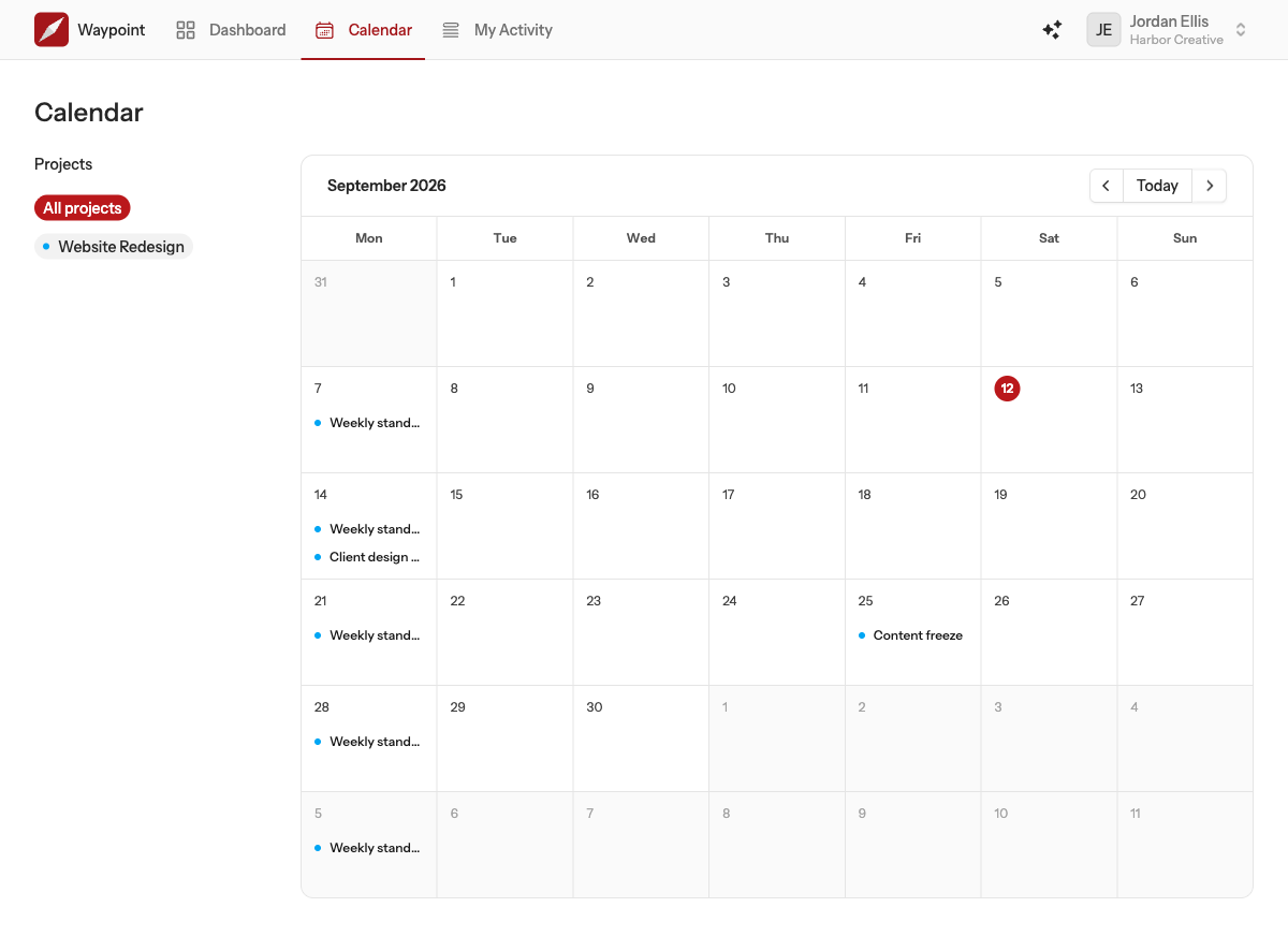 The team calendar: a month grid with events from several projects in different colours, a project filter and a day panel