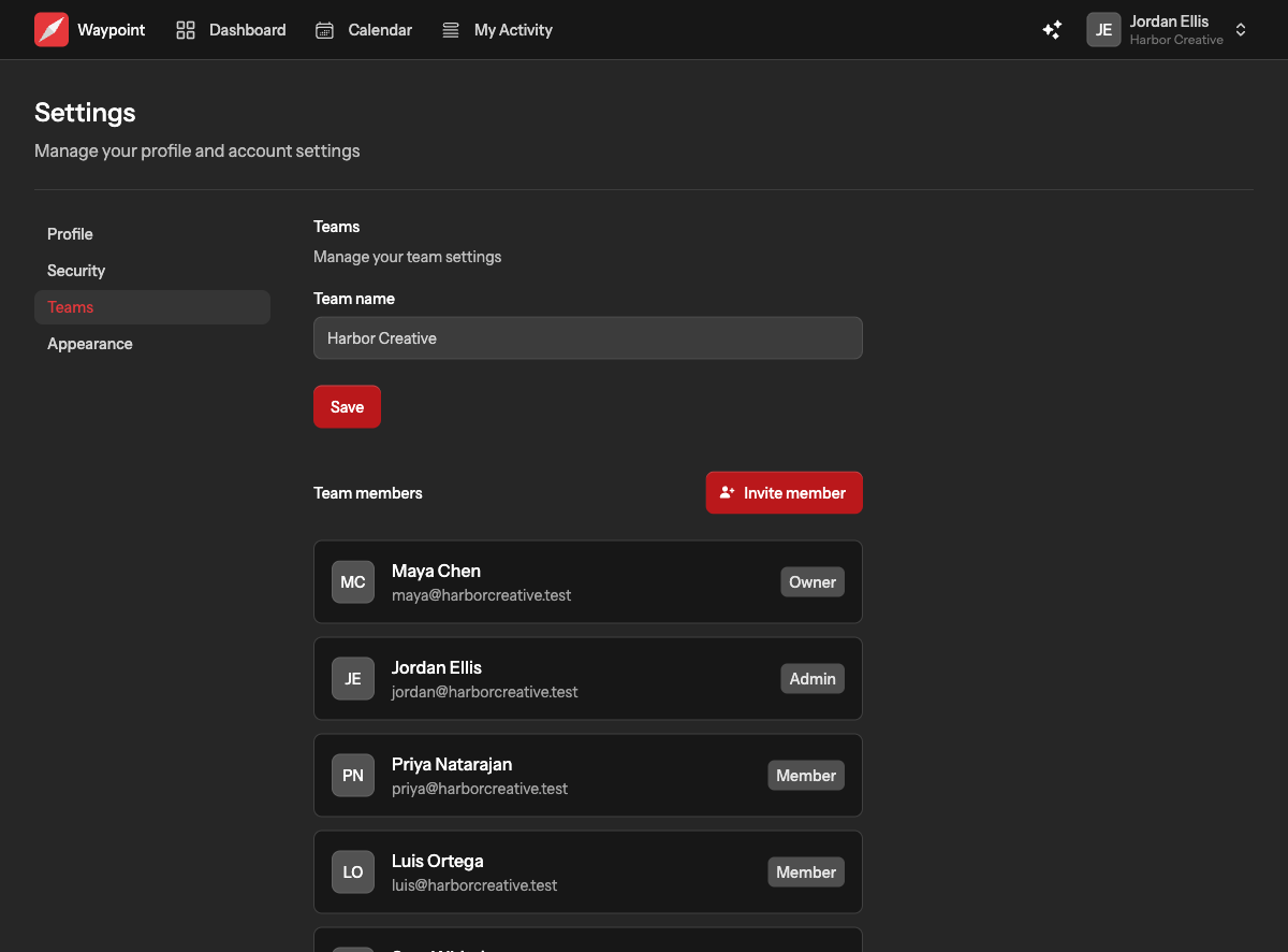 The team settings page with the team name, the list of members with their roles, pending invitations and the Invite member button