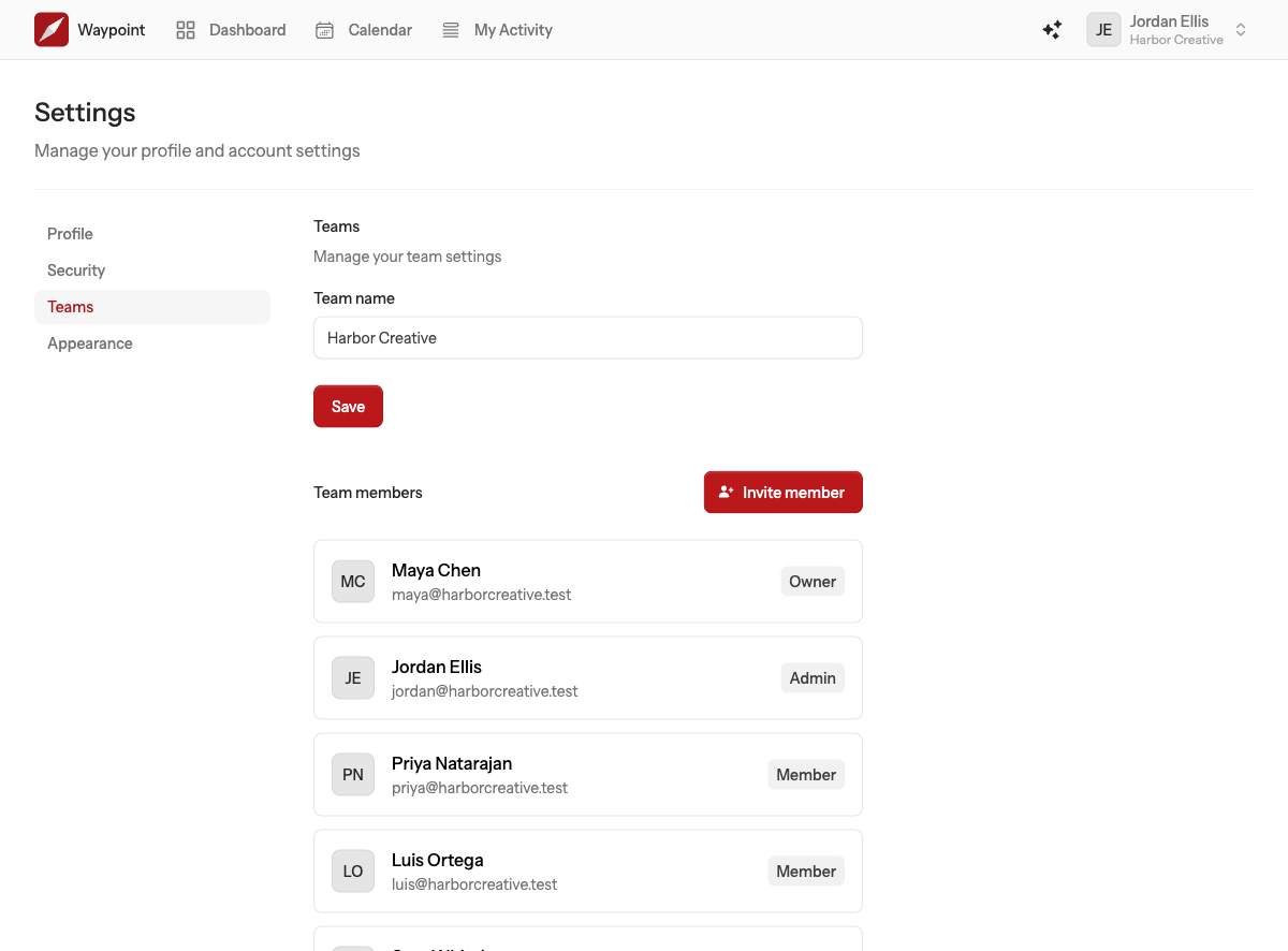 The team settings page with the team name, the list of members with their roles, pending invitations and the Invite member button